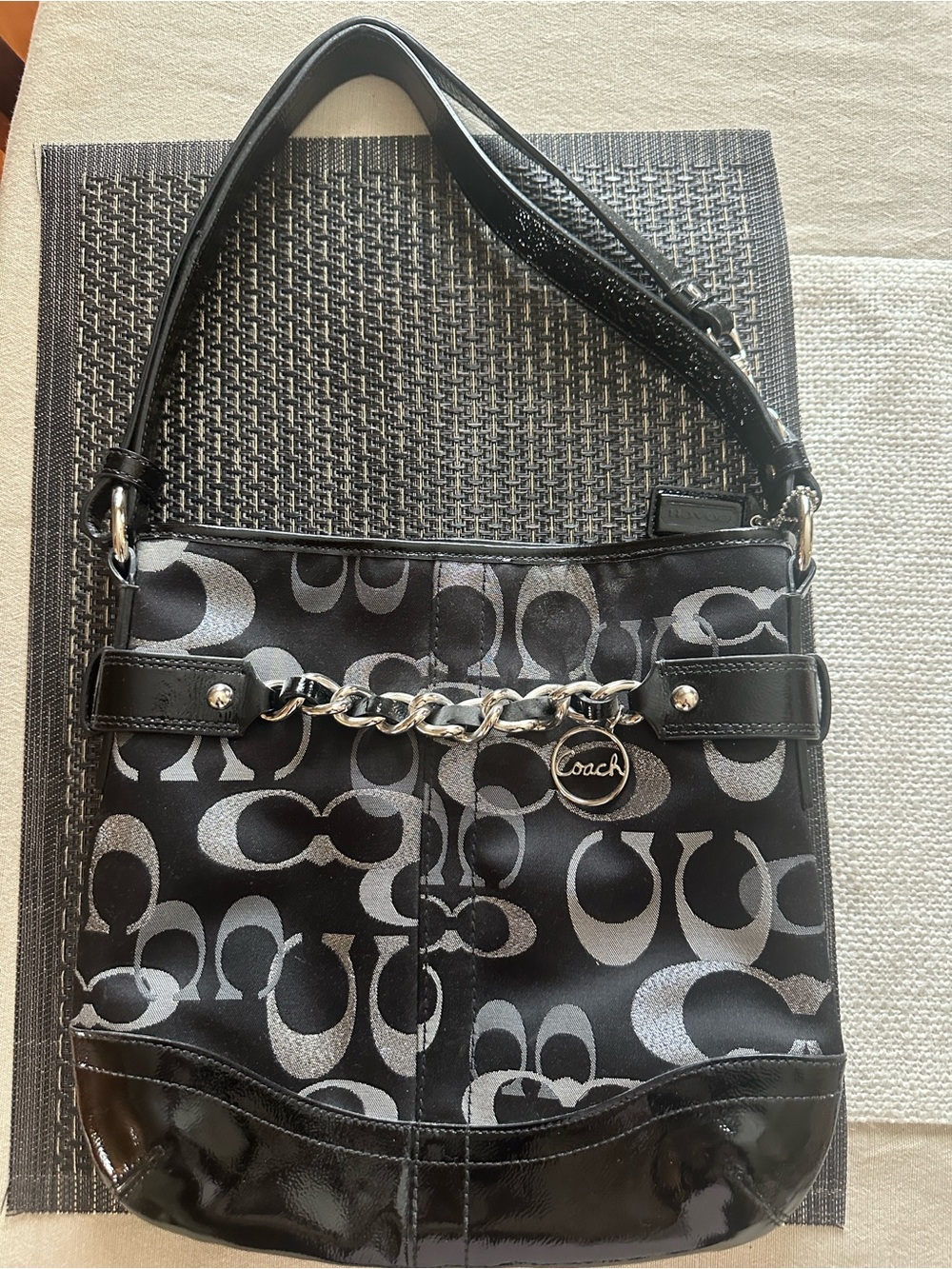 Coach Black and Silver Signature Chain Shoulder Bag